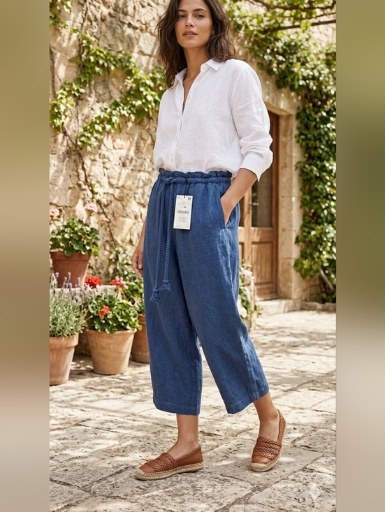 Zara Denim - ZARA Navy Capri Pants Linen Cotton Blend Size L Oversized Drawstring Waist NWT